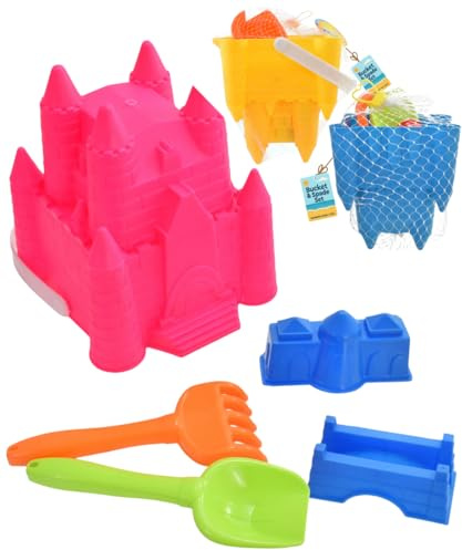 Electoys 5 Pcs Kids Princess Beach Castle Bucket Set | 17cm Bucket Sand Play Toys Spade Rake Moulds | Durable Plastic Summer Vacation Toy for Children | Lightweight Travel Friendly | Assorted Colours