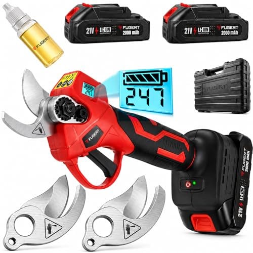 FUGERT Akku Astschere 30 mm mit 2 Akkus 2 Ah, Bürstenloser Motor, Elektrische Gartenschere Bypass, LED-Schnittzähler, Baumschere für Garten & Obstbäume, Leichte Gartenschere mit Koffer