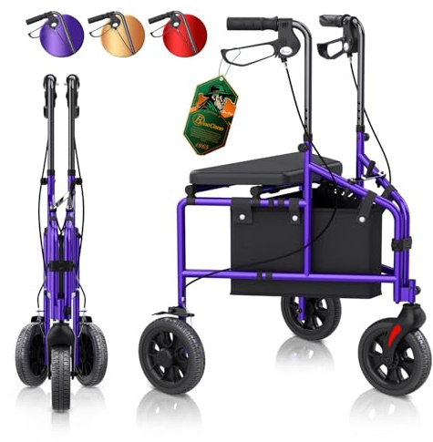 BeneCane Rollator 3 Räder mit Sitz für Senioren - Leicht, Faltbar, Klappbar - Wohnungsrollator Schmal, Gehhilfe für All Gelände, Höhenverstellbarer Rollstuhl, Gehwagen, 3-Rad-Rollator, Indoor, Outdoor