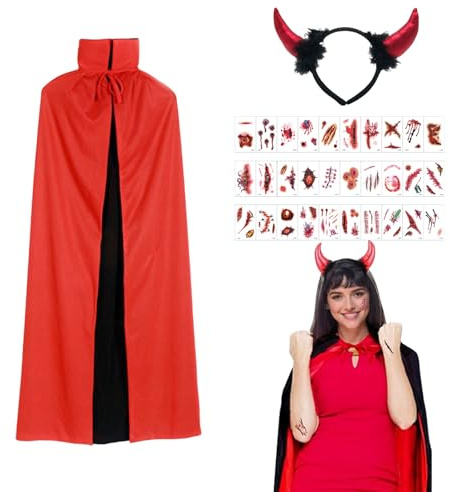 SSKHE Halloween Cape Set for Women,Carnival Devil Costume Men with Horns Headband and Scar Tattoo Sticker, Red and Black Double-Sided Cape for Halloween Party