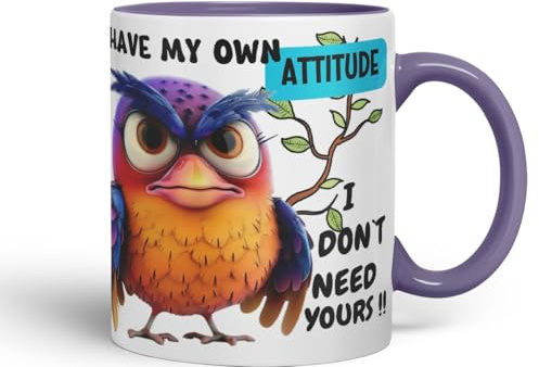 Vixar I Have My Own Attitude Sarcastic Owl Coloured Ceramic Mug Cup Gift 11oz (Purple)