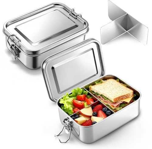 Homikit Brotdose mit Fächern 2er Set, 850ml Edelstahl Lunchbox Bento Box | für Kinder & Erwachsene, Auslaufsicher Metall Brotdosen Snackbox mit Dichtring für Schule, Büro, Picknick, Spülmaschinenfest