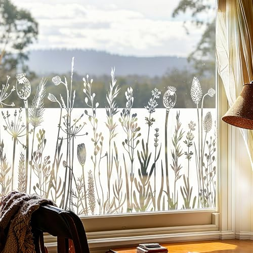 Fensterfolie Blickdicht Selbsthaftend, Tintengras-Kollektion, 44X200CM | Sichtschutzfolie Fenster Innen Statische Fensterfolie ohne Kleber, Fenster Folie Blickschutz für Bad Kinderzimmer