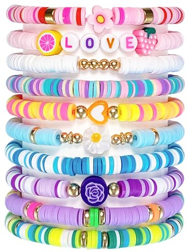 Lot de 10 bracelets porte-bonheur pour enfants - Bracelets d'amitié pour filles - Bijoux de jeu - Perles d'argile colorées - Style plage - Costume - Bijoux de jeu - Cadeau pour 5 à 12 ans