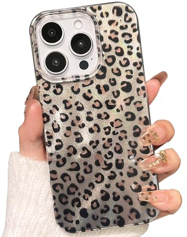 TQLGY for iPhone 16 Pro Case, Cute Leopard Print Phone Case Glitter Shiny Shockproof Protective Bumper Cover for Women Girls