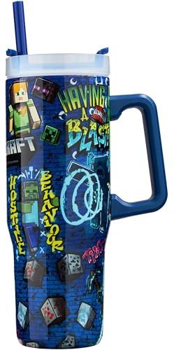 Get Trend Minecraft Insulated Tumbler 920ml, Stainless Steel Water Bottle with Straw & Handle, Ice for 42H Cold 12H & Hot 8H, Travel Coffee Mug, Gaming Gifts (Blue Minecraft)