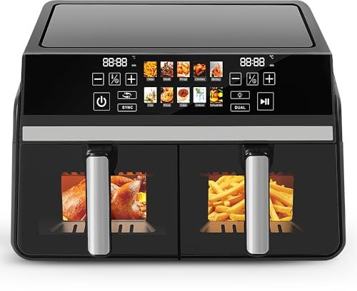 Citybee Heißluftfritteuse 2 Kammern XXL 10L (5L+5L) mit Sichtfenster, Dual Zone Airfryer Doppelkammer, 2 Garzonen, SYNC & DUAL, 2200W Touchscreen, Timer bis 24h, spülmaschinengeeignet