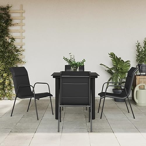 Runheo Ensemble à Manger de Jardin 5 Pièces Noir, Textilène et Acier, Table en Verre Trempé, Chaises Confortables pour Patio Extérieur