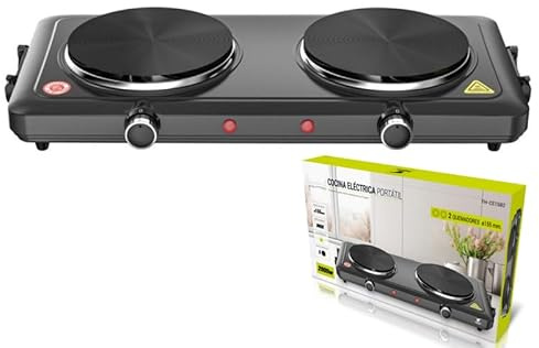 Suinga Hornillo Electrico 2 Fuegos | Placa Cocina Electrica 5 Niveles de Temperatura | Cocina Portatil 46x25x6,8cm | Placa para Camping con 2 fuegos de 1000W cada uno