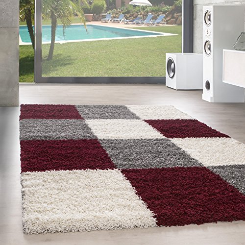 SIMPEX Teppich Wohnzimmer Shaggy Moderne Kariert Design Rot 80 x 150 cm Läufer Flur - Hochflor Teppich Schlafzimmer Extra Weich Pflegeleicht - Flauschiger Teppich Langflor für Küche Carpet Living Room