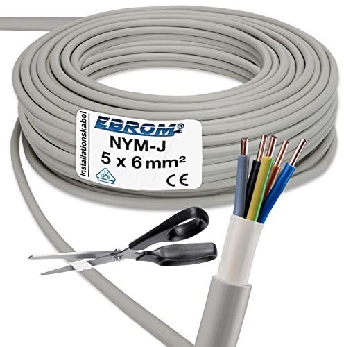 EBROM NYM-J 5x6 mm² - Mantelleitung - Installationskabel - Feuchtraumkabel - grau - Auswahl in 1 Meter Schritten, auf den Meter genau geschnitten - Ihre Auswahl: NYM-J 5x6 mm2, Länge: 50 Meter