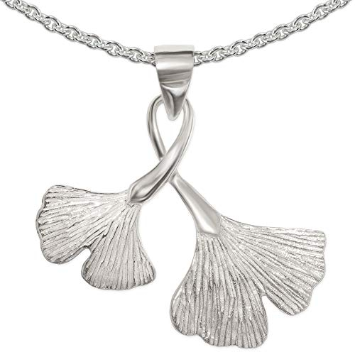 CLEVER SCHMUCK Ginkgoblatt Damen Halskette 25 x 24 mm Ginkoblätter 2-fach Optik an verschnörkelter Öse & Kette Erbs 45 cm Sterling Silber 925 im Schmucketui