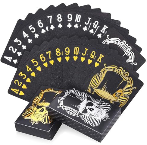 Joyoldelf 2 Decks Cool Black Playing Cards, Skull Pattern Waterproof Deck of Cards Set with Playing Card Case, Poker Cards for Party and Games, 1 Gold + 1 Sliver