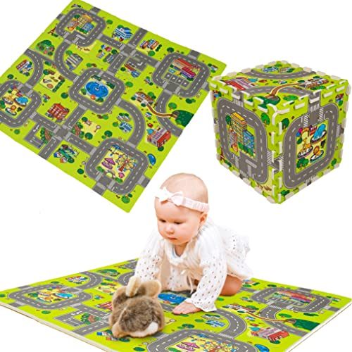 Humbi Puzzlematte Schaumstoff für Babys und Kinder Krabbelmatte Spielmatte Fitnessmatte Schutzmatte Poolmatte Bodenschutz 31,5 x 31,5 x 1cm 9 szt Stadt Straßen