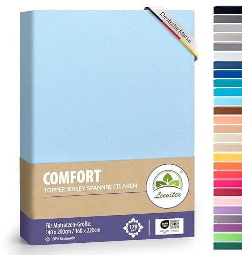 leevitex Premium Topper Boxspringbett Spannbettlaken | 100% Mako-Jersey-Baumwolle | ÖKO-TEX | 170g/m² | 140 x 200-160 x 220 | Hellblau/Himmelblau | 18 cm Steg