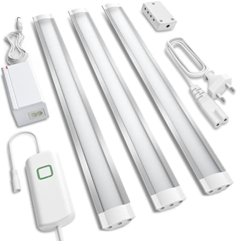 MYPLUS Unterbauleuchte Werkstattlampe Küchenlampe, Dimmbare LED Beleuchtungssatz,10 W,630 lumen,Plug-in Unterschrankbeleuchtung LED Leiste für Thekenschrank Schrankregal Schreibtisch,3er Set