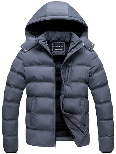 CREATMO US Herren-Puffer-Jacke, wasserdichter, warmer Parka für Winter, dicker Skimantel, Dunkel_Grau, L