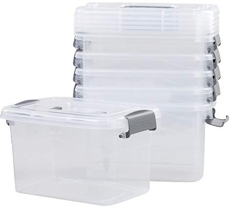 Minekkyes 6-Pack Home Storage Bins, Plastic Container, Latching Box with Handle (Grey Handle)