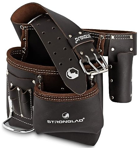 STRONGLAD 5-Pocket Single Side Brown Oil Tanned Leather Tool Belt Pouch Work/Apron for Carpenter and Builders Toolbelt for Construction, brown