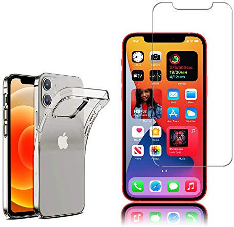 annaPrime Coque et Verre trempé Écran pour Apple iPhone 12 6.1, Coque Silicone Gel UltraSlim et Ajustement Parfait Transparent + 1 Film Verre Trempé Transparent