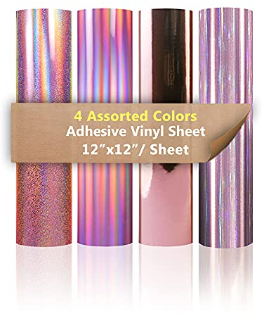 Holografisch Vinylfolie Plotter Selbstklebend, 4 Blatt 30,5cm x 30,5cm Plotterfolie Selbstklebend mit Permanentem Chrom Glänzend Klebefolien, Roségold Vinylfolie für Dekoration, Scrapbooking