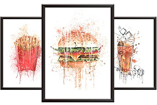 Hey Chimp Kitchen Art Wandbilder (Set mit 3 Poster) | Funky Abstraktes Wandkunstdruck-Set – lustige Aquarell-Fastfood-Poster als Küchendekoration – Burger Pommes Frites Cola – ungerahmt A4