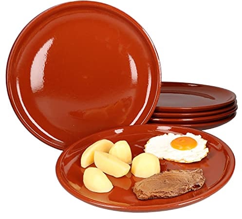 MamboCat Set 6 assiettes plates en terre cuite Ø 28,5 cm 6 personnes Plaque à steak Plaque à griller Plaque de service Méditerranée émaillée Pièce unique faite à la main Marché médiéval