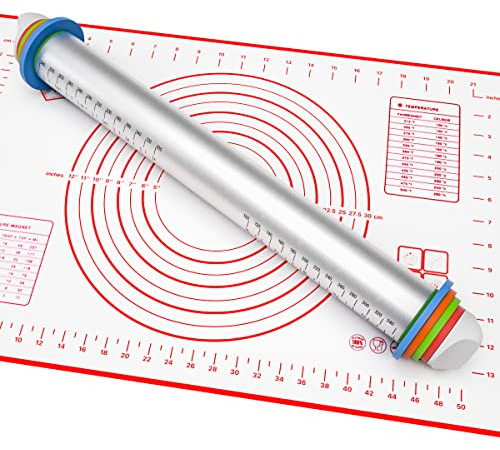 Teigroller Edelstahl,DMOPRDNB Dicke-Verstellbares Nudelholz und Backmatte aus Silikon, Antihaft-Edelstahlwalze mit einstellbaren Dickenringen zum Backen von Teig, Pizza, Kuchen, Gebäck, Nudeln, Keksen
