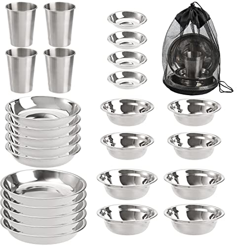 TOPZEA 26 Stück Edelstahl Camping Teller und Schüsseln, Camping Mess Kits Camping Geschirr Set Geschirr inklusive Teller, Schüssel, Tassen, Edelstahl Geschirr für Camping, Wandern, Reisen, Picknick
