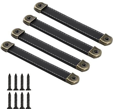 CONPHERON 4 Stk Antik Ledergriff Möbelgriff Schrankgriff Türgriff Retro Handgefertigter Leder Schubladengriff Kommode Zieht Knöpfe Möbel Küche Griffe 128mm