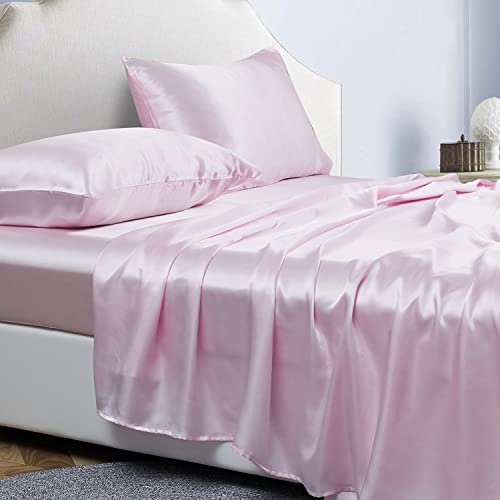Jemiipee Parure de Lit Satin Couleur Unie Drap Housse - 90x190 cm 1 Personne avec Grand Bonnet de 36 cm - Ensemble 3 Pièces - Drap Housse, Drap Plat et 1 Taie d'oreiller, Rose Clair