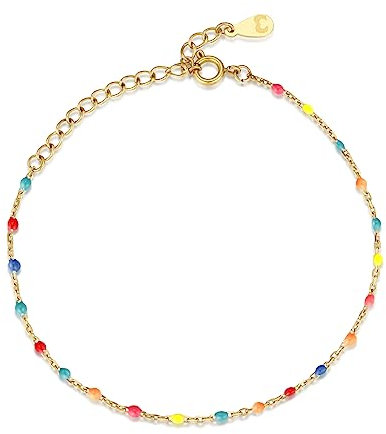 Bracelets de cheville pour femme de perles colorées. Chaîne de cheville en acier inoxydable plaqué or/argent élégante et raffinée. Bracelet de cheville femme. Bijoux pour femme. (Plaqué or)