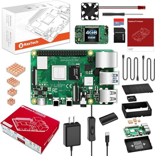 RasTech Raspberry Pi 4 Model 4GB Starter Kit with 32GB Micro SD Card, Power Supply with ON/Off, Case, Cooling Fan, HDMI Cables, Copper Heatsinks, Card Reader, Screwdriver