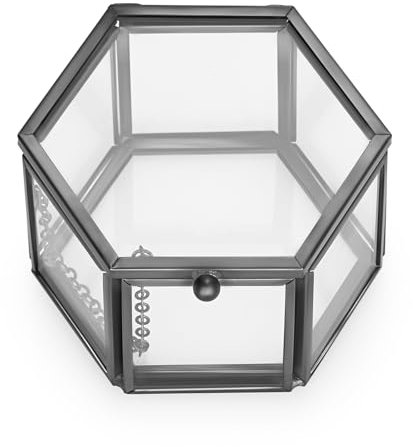 Hipiwe Vintage-Glas-Schmuckschatulle – schwarz, sechseckig, Schmuck-Organizer, Andenken-Box, dekorative Box für Schmuck, Ringe, Ohrringe, Truhe, klein