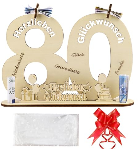 GoldRock Holzschild Gästebuch 80 Geburtstag Männer Frauen mit Geschenktasche&Schleife,Geschenk 80. Geburtstag Frau,Geschenke zum 80 Geburtstag Mann,Geburtstagskarte 80,Geldgeschenke Geburtstag Holz