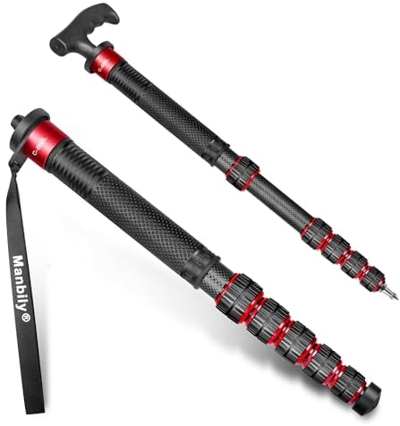 Manbily Monopiede per fotocamera, tubo da 32 mm, in fibra di carbonio, bastone da passeggio monopiede per fotocamere, 6 sezioni, portatile, compatto, da viaggio, con manico e telefono, max. 15 kg, per
