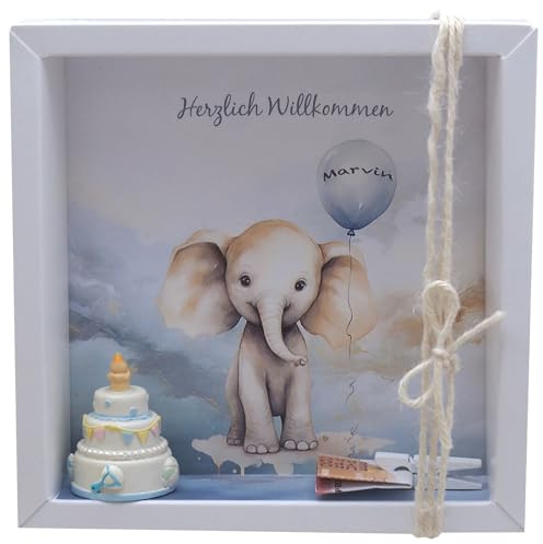 ZauberDeko Taufe Geldgeschenk Verpackung personalisiert MIT Namen Elefant Blau Geburt