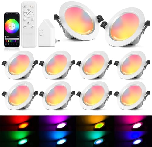 10er WiFi Bluetooth 5W LED Einbaustrahler 230V, RGBWC+CCT Deckenspot Dimmbar, Einbauleuchten Flach Downlight, RGB+2700K-6500K, APP Steuerung, Kompatibel Mit Alexa Google Home
