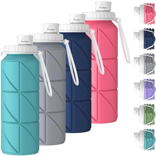 Popdigito Lot de 4 bouteilles d'eau de voyage pliables en silicone, anti-fuite, flexible, sans BPA, légères pour camping, randonnée, sport, voyage, 652 g