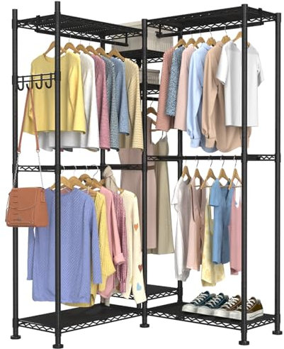 VyGrow Robuster Kleiderständer, L-förmiger für Ecken, Metall, freistehender Kleiderständer, verstellbarer Kleiderschrank mit 5 Kleiderstangen und 7 Ablagen, 177 cm L x 34 cm B x 195 cm
