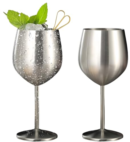 Sporgo Lot de 2 verres à vin en acier inoxydable - 500 ml - Verres à vin rouge incassables - Verres à champagne et à cocktail - Pour fêtes de piscine, anniversaires, fêtes sur la plage (argenté)