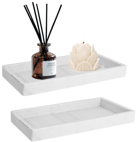 Kosmetiktabletts 2 Stück Badezimmer Tablett Marmor Pattern Schmuck Tablett Badezimmertablett, Harz Schminktisch Tablett Dekotablett Rechteckig für Gewebe Kerzen Handtuch Kleine Kosmetisch Schmuck,Weiß