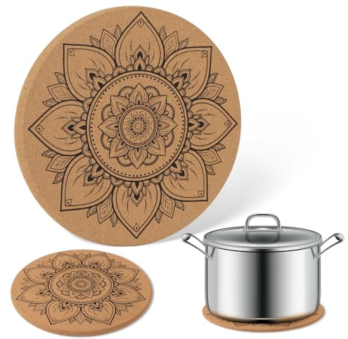 2 Sets Heat Trivet 19cm Cork Trivet Mandala Coasters Table Heat Resistant Mat Hot Pads for Kitchen Cooking Dining Table Home Supplies