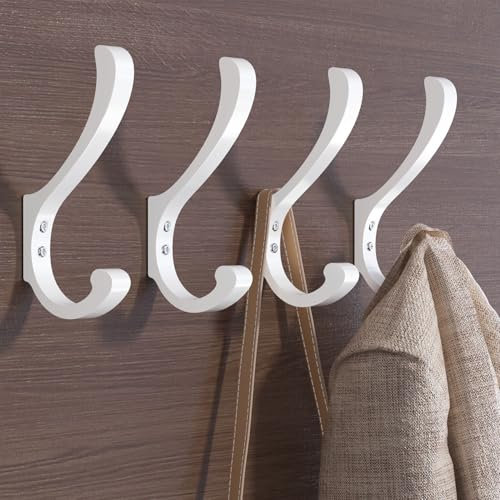 Hanging Coat Hooks Wall Mount - Heavy Duty (30LB), Large Coat Hanger Wall Hangers, Metal Hooks For Towels, Backpacks, Hats, Jackets, Keys, Bags, Purses (White 4 Pack)