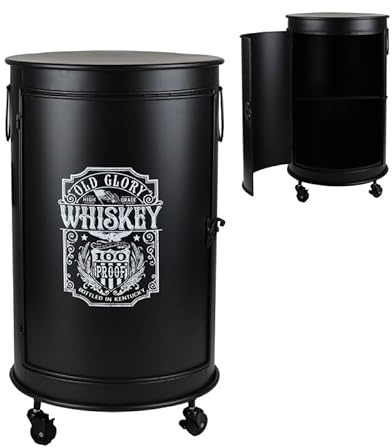Meublorama Petit Bar bidon avec Porte et roulettes Style Industriel Collection Old Glory. Dimensions 40x40x69 cm