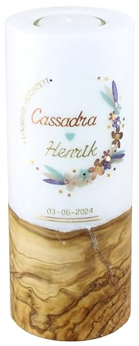Cerziies® Hochzeitskerze Cassandra und Henrik mit echtem Holz mit Name und Datum, individuell und handverziert 2528