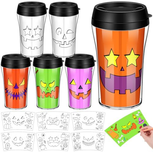 Yiyiring 12 Set Halloween Color Your Own Cups 10 oz Jack O Lantern Panting Cups Craft Halloween DIY Plastic Mug Crafts Halloween Party Gifts Supplies Home Project Activities