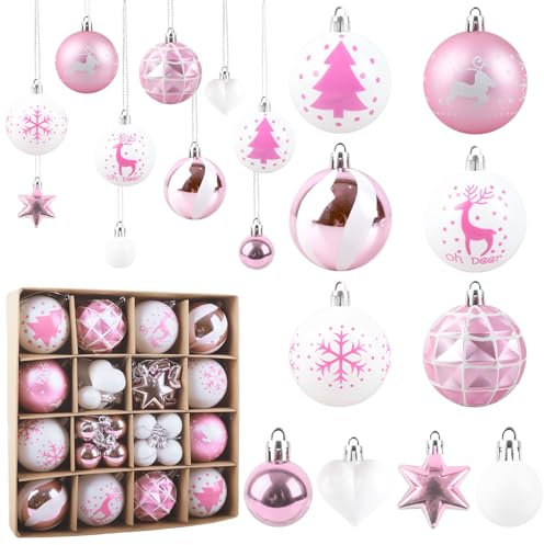 Aitsite 38 Pcs White and Pink Shatterproof Xmas Baubles - Large Christmas Balls Ornaments for Tree Decorations