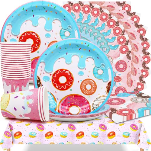 Huaxintoys Donut Partygeschirr Set, Partygeschirr Geburtstag, Donut Geburtstag Pappteller, Tischdecke, Servietten, für Kindergeburtstag Party Dekoration Geburtstags Deko (61 Stück)