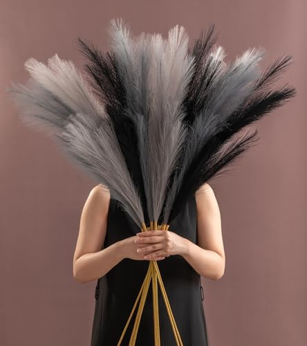 SeptCat 9 Pcs 45 Faux Dried Pampas Grass Tall Decor, Fluffy Fake Long Pompas Artificial Black Grey Gray Pompous Stems Bouquet Flower Arrangement Vase Filler for Boho Home Wedding Decoration
